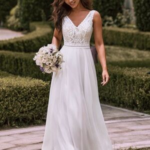 Elegant White Lace Bodice V-Neck Women’s Wedding Dress